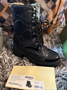 Gucci Black Embossed Leather Lace-Up Combat Boot